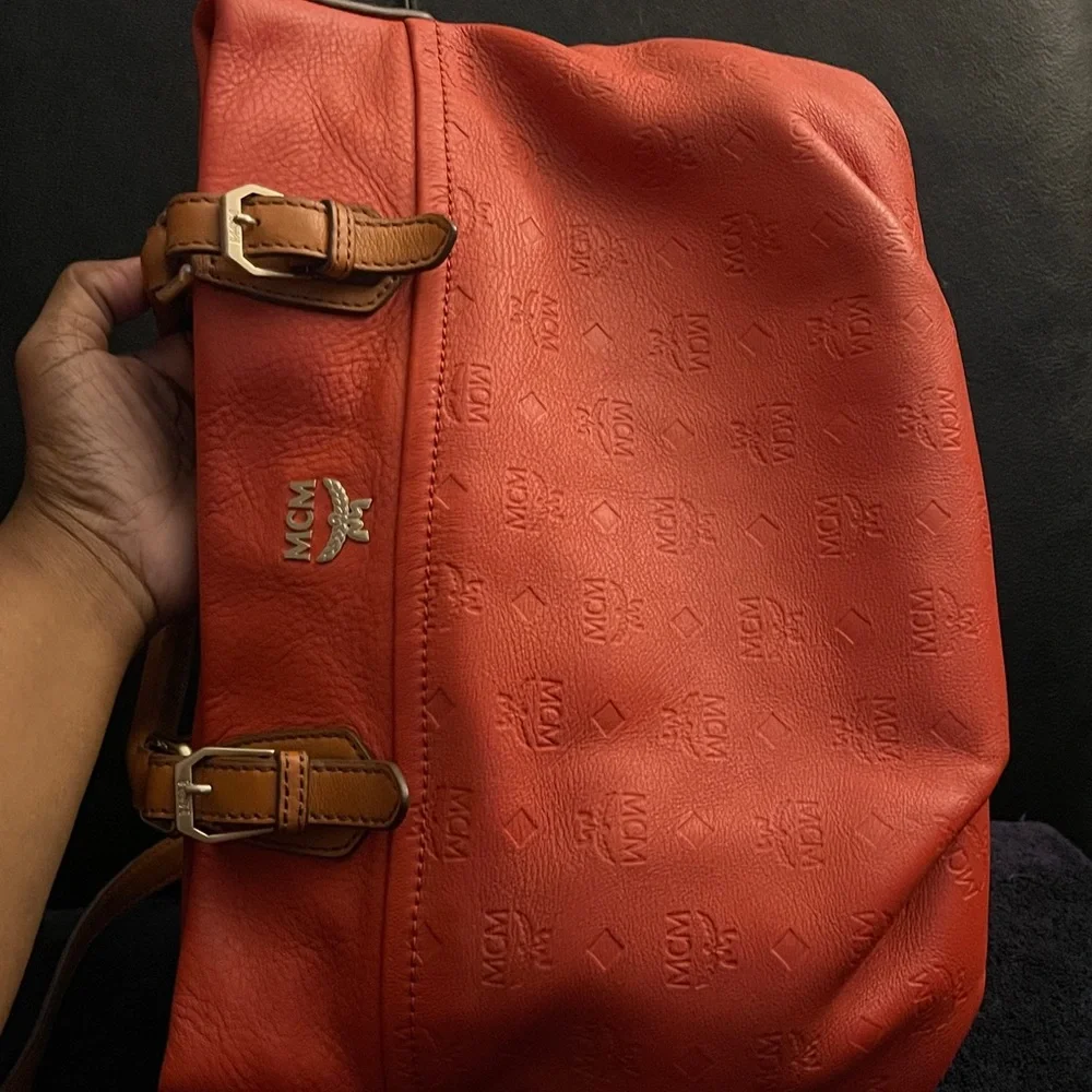 MCM Orange Embossed Leather Medium Two-way Bag W/ Detachable Strap EUC